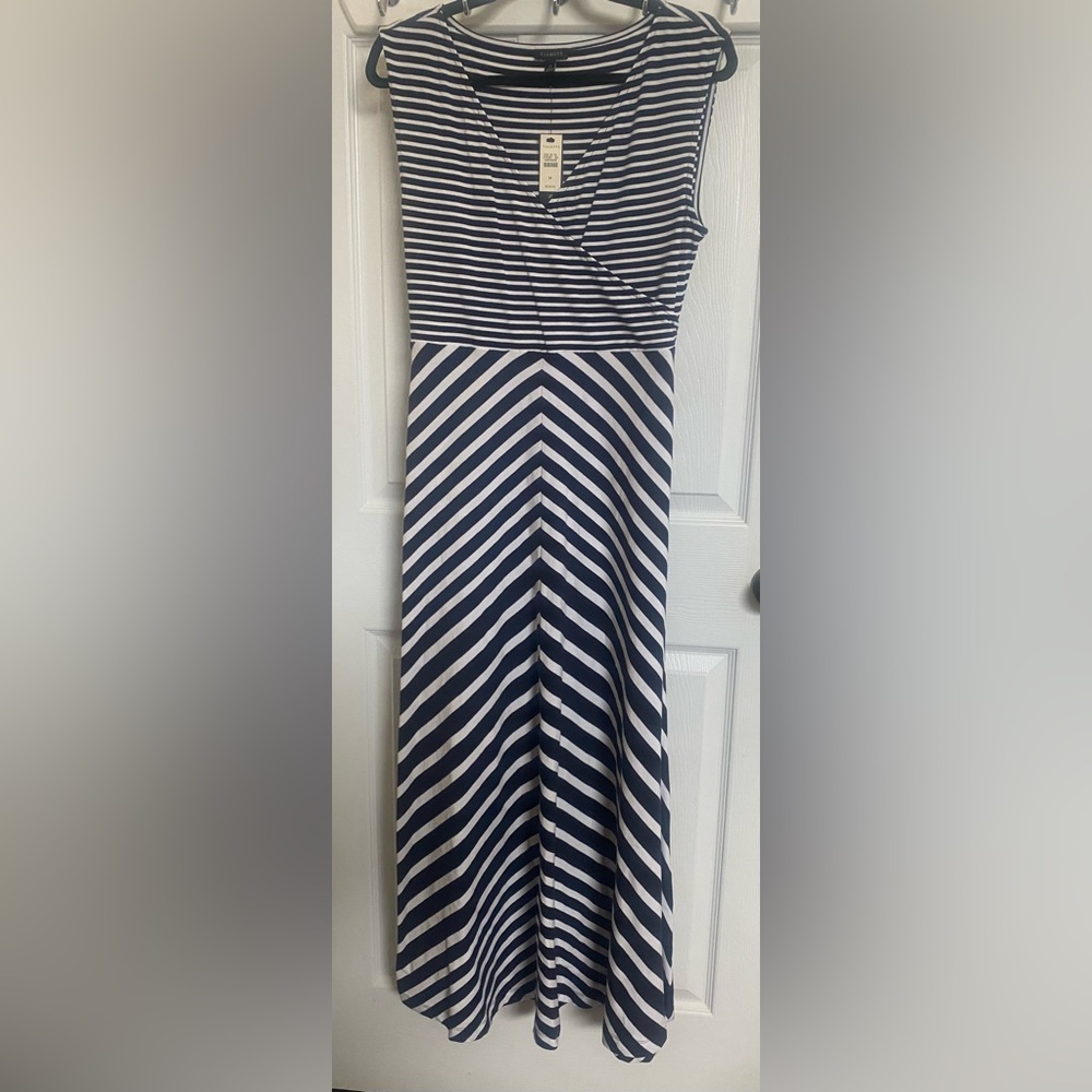 Talbots Navy and White Striped Sleeveless Maxi Dress.